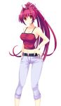  1girl april_fools breasts cleavage denim hair_intakes hair_ribbon hand_on_hip highres jeans large_breasts long_hair midriff navel open_fly pants_rolled_up ponytail purple_hair red_eyes ribbon smile solo spaghetti_strap tank_top under_night_in-birth unzipped very_long_hair white_background yusano yuzuriha_(under_night_in-birth) 