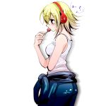  1girl beats_by_dr._dre blonde_hair candy character_request clothes_around_waist headphones highres koharu_turbo listening_to_music lollipop red_eyes short_hair solo tank_top 