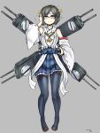  1girl adjusting_glasses bare_shoulders black_hair black_legwear blue_eyes blush breasts cannon detached_sleeves glasses hairband highres japanese_clothes kantai_collection kirishima_(kantai_collection) nontraditional_miko pantyhose personification short_hair sigama skirt smile solo turret 