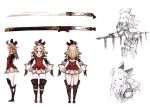  1girl blonde_hair boots bow bravely_default:_flying_fairy concept_art edea_lee elbow_pads gloves hair_bow knee_boots knee_pads long_hair official_art scabbard scan sheath smile solo sword weapon yoshida_akihiko 