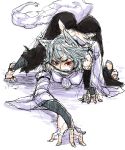  1girl all_fours animal_ears bakuya clenched_teeth detached_sleeves fighting_stance gloves highres inubashiri_momiji pants red_eyes sharp_teeth shirt silver_hair sketch slit_pupils solo spread_fingers spread_toes tail torn_clothes touhou white_background white_hair wolf_ears wolf_tail 