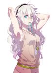  1girl adjusting_hair aqua_eyes arms_up between_breasts cellphone character_request cici long_hair looking_at_viewer mouth_hold no_pants panties phone pink_panties silver_hair sleeveless solo tank_top underwear white_background 