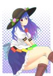  1girl blue_hair boots food fruit hat highres hinanawi_tenshi long_hair peach red_eyes solo thighs touhou 