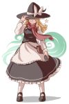  1girl adjusting_clothes adjusting_hat apron blonde_hair bow braid frilled_skirt frills grin hand_on_headwear hat hat_bow kirisame_marisa mefomefo mini-hakkero pouch scarf side_braid skirt smile star touhou witch_hat 