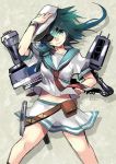  1girl eyepatch green_eyes green_hair hand_on_headwear hat highres ishico kantai_collection kiso_(kantai_collection) looking_at_viewer personification school_uniform serafuku short_hair sketch skirt smile solo 