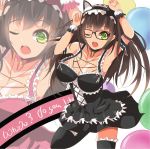  1girl animal_ears arm_strap arm_up arms_up bell bell_collar black_dress black_hair black_legwear breasts cat_ears cleavage collar collarbone cross dress fake_animal_ears glasses green_eyes highres jewelry large_breasts long_hair maid maid_headdress necklace open_mouth original pendant solo thigh-highs velia wink wrist_cuffs zettai_ryouiki 