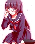  1girl bespectacled black_hair glasses gokou_ruri herunin highres long_hair ore_no_imouto_ga_konna_ni_kawaii_wake_ga_nai school_uniform seiza serafuku sitting violet_eyes wavy_mouth 