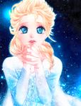  1girl blonde_hair blue_eyes braid elsa_(frozen) eyeshadow frozen_(disney) glitter hands_clasped lipstick long_sleeves looking_at_viewer makeup signature single_braid solo yina 