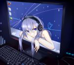  computer_screen desktop fourth_wall headphones kouhii_kitsune long_hair nude original silver_hair smile 