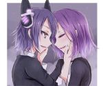  2girls closed_eyes eyepatch hands_on_another&#039;s_face headgear kantai_collection kay_(utd) multiple_girls open_mouth personification purple_hair school_uniform short_hair tatsuta_(kantai_collection) tenryuu_(kantai_collection) yellow_eyes 