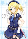  1girl ayase_eli belt black_legwear blonde_hair blue_eyes cosplay cuffs garter_straps gloves handcuffs karamoneeze looking_at_viewer love_live!_school_idol_project necktie police police_uniform policewoman ponytail scrunchie short_sleeves smile solo thigh-highs uniform white_gloves wink zettai_ryouiki 