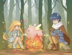  blonde_hair blue_hair bonfire campfire cape cooking crying dress fire forest gloves heart horn long_hair nature original pig pixiv_fantasia pixiv_fantasia_fallen_kings roasting scarf short_hair smile sweatdrop sword symbol-shaped_pupils tree weapon winged_pig wings x_x 