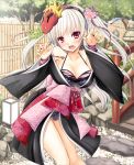  1girl alto_seneka bamboo_fence black_bra bra breasts bridge claw_pose cleavage fang garden grey_hair halterneck japanese_clothes kimono oni_mask open_mouth red_eyes tagme tree twintails underwear 