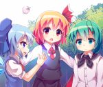  3girls antennae blonde_hair blue_eyes blue_hair bow cape chestnut_mouth cirno flying frown green_eyes green_hair hair_bow hair_ribbon hat long_sleeves looking_at_another looking_at_viewer multiple_girls mystia_lorelei mystia_lorelei_(bird) necktie open_mouth outdoors pinching puffy_short_sleeves puffy_sleeves puremiamuanago raised_hand red_eyes ribbon rumia short_sleeves skirt skirt_set touhou tree white_background wings wriggle_nightbug 