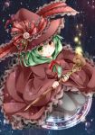  1girl alternate_costume black_legwear blush bow breasts dress front_ponytail green_eyes green_hair hair_bow hair_ribbon hat heterochromia kagiyama_hina magic_circle nail_polish open_mouth pantyhose red_eyes ribbon short_hair solo staff tamichan touhou witch_hat 