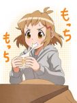  1girl antenna_hair brown_hair eating food hair_ornament hairclip hoodie kotatsu mochi polka_dot polka_dot_background senki_zesshou_symphogear short_hair solo sweat table tachibana_hibiki_(symphogear) unyon wagashi winter yellow_eyes 