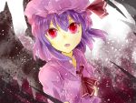  1girl dress hat itsumizu light_particles looking_at_viewer purple_dress purple_hair red_eyes remilia_scarlet simple_background solo touhou wings 