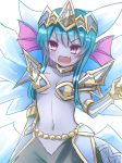  1girl bare_shoulders blue_hair blue_skin fang frost_demon_(p&amp;d) headband hoshino long_hair looking_at_viewer navel open_mouth puzzle_&amp;_dragons smile solo violet_eyes 