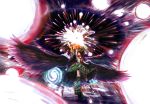  1girl arm_cannon arugeri black_hair black_wings bow cape danmaku explosion hair_bow highres long_hair red_eyes reiuji_utsuho solo third_eye touhou weapon wings 