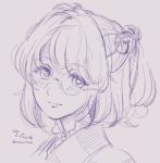  1girl bell bust glasses hair_bell hair_ornament mitsumoto_jouji monochrome motoori_kosuzu signature sketch touhou twintails two_side_up 