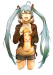  1girl ahoge casual closed_eyes cropped_legs flat_chest green_hair hatsune_miku headphones highres hoodie leather_jacket long_hair open_mouth rough shorts smile so-bin solo twintails very_long_hair vocaloid 