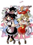  2girls apron ascot black_hair blonde_hair bow braid broken_bone broom brown_eyes cosplay detached_sleeves dress frown gohei hair_bow hair_tubes hakurei_reimu hakurei_reimu_(cosplay) hat japanese_clothes kannazuki_hato karakasa_obake kirisame_marisa kirisame_marisa_(cosplay) mary_janes miko multiple_girls nontraditional_miko ofuda open_mouth pantyhose ribbon shoes skull touhou umbrella witch_hat yellow_eyes youkai 