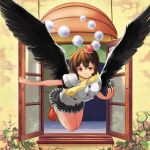  1girl bird_wings blouse brown_hair camera emuki_(armies_soul) flying folded_leg hat highres leaf looking_at_viewer open_window orange_eyes outstretched_arm pom_pom_(clothes) scarf shameimaru_aya short_hair short_sleeves skirt smile solo tokin_hat touhou vines 