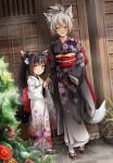  2girls animal_ears black_hair floral_print fox_ears fox_tail hand_on_another&#039;s_arms holding_hands japanese_clothes kimono looking_at_another multiple_girls obi original rain sandals sash silver_hair smile tail tied_hair yellow_eyes yukata 