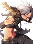  .hack// .hack//g.u. 1boy albino angry belt facial_mark gloves haseo highres ito_mijinko male midriff mouth_hold pants red_eyes solo spiky_hair sword tattoo weapon white_background white_hair 