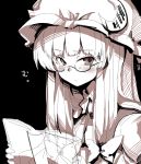  1girl bespectacled blush book bow crescent glasses hair_bow hat long_hair looking_at_viewer mizuga monochrome patchouli_knowledge payot semi-rimless_glasses solo touhou under-rim_glasses 