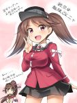  2girls alternate_breast_size breast_envy breasts brown_hair kantai_collection long_hair masakichi_(crossroad) multiple_girls personification red_eyes ryuujou_(kantai_collection) translation_request twintails visor_cap yamato_(kantai_collection) 