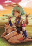  1girl :&lt; animal_ears armband boots chiester410 clouds dog green_hair konoe_(vis9191) outdoors rabbit_ears red_eyes sack shiba_inu short_hair sitting sky solo sunset tagme thigh-highs thigh_boots umineko_no_naku_koro_ni uniform wariza white_legwear 