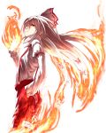  1girl bow fire fujiwara_no_mokou hair_bow hair_ribbon ibuki_notsu long_hair looking_at_viewer red_eyes ribbon solo suspenders touhou very_long_hair white_hair 