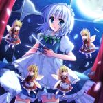  5girls :o between_fingers blonde_hair blue_eyes bow braid broken_window curtains dutch_angle fairy_maid fairy_wings flying full_moon hair_bow highres izayoi_sakuya juliet_sleeves knife kuze_matsuri long_sleeves looking_at_viewer maid_apron maid_headdress mary_janes moon multiple_girls night pantyhose puffy_short_sleeves puffy_sleeves red_eyes shards shoes short_hair short_sleeves silver_hair skirt skirt_set thigh-highs touhou twin_braids white_legwear wings zettai_ryouiki 