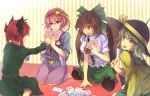  :p animal_ears black_hair black_legwear bow braid card cat_ears eyeball green_eyes green_hair hair_bow hairband hat heart kaenbyou_rin komeiji_koishi komeiji_satori long_hair looking_at_viewer multiple_girls nekome_(zelmeledf2) pantyhose pink_eyes pink_hair playing_card red_eyes redhead reiuji_utsuho short_hair skirt smile third_eye tongue touhou twin_braids wings 