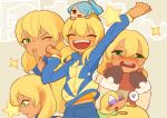  2boys blonde_hair blush brown_eyes closed_eyes crying green_eyes hair_over_one_eye inazuma_eleven inazuma_eleven_(series) kazemaru_ichirouta long_hair male meily mittens miyasaka_ryou multiple_boys open_mouth ponytail raimon scarf speech_bubble star tears track_jacket wink 