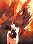  1girl black_hair burning burnt_clothes fire highres kill_la_kill kisetsu matoi_ryuuko multicolored_hair senketsu short_hair solo spoilers tears topless two-tone_hair 