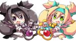  2girls alternate_color blazblue blonde_hair chibi green_eyes grey_eyes grey_hair heart heart_eyes kuro_yuzu mirror_image multiple_girls platinum_the_trinity 