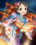  1girl :d artist_request black_eyes black_hair bunny_hair_ornament east_asian_architecture fan folding_fan hagoromo hair_ornament idolmaster idolmaster_cinderella_girls japanese_clothes kanzashi kimono kimono_skirt leaf leaf_print leg_lift looking_at_viewer maple_leaf obi official_art open_mouth sasaki_chie sash shawl short_hair short_kimono smile solo thigh-highs 