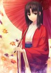  1girl black_hair brown_eyes cloak japanese_clothes kara_no_kyoukai kimono kotera_ryou leaf long_hair maple_leaf parasol ryougi_shiki short_hair solo umbrella 