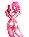  1girl ass bodysuit catty_vitlay gloves gun highres looking_back metal_slader_glory pink_eyes pink_hair serious short_hair solo trigger_discipline weapon white_background yoshimiru_(mcberry&#039;s) 