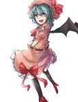  1girl :d bat_wings black_legwear blue_hair bow crossed_arms dress high_heels looking_at_viewer maware_maware mob_cap open_mouth pantyhose red_eyes red_shoes remilia_scarlet shoes smile solo touhou vampire white_background wings 