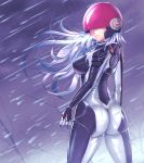  1girl aila_jyrkiainen ass breasts gundam gundam_build_fighters harihisa helmet highres lips long_hair rain silver_hair skin_tight solo 