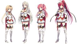  4girls absurdres armor armored_dress blonde_hair blue_eyes boots breasts cape cleavage fujikura_miyabi gloves greaves hairband half_updo hand_on_hip hands_together highres juukishi_cutie_bullet knee_boots long_hair minami_mayu multiple_girls necktie pauldrons pink_hair ponytail red_eyes redhead reina_de_medishi sara_tefal side_ponytail skirt thigh-highs transparent_background twintails uniform v_arms violet_eyes white_hair yuuki_hagure zettai_ryouiki 