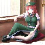  arm_support blue_eyes braid breasts chinese_clothes green_clothes hair_ribbon hong_meiling impossible_clothes large_breasts looking_at_viewer redhead ribbon shirosato shoes side_slit sitting skirt skirt_set smile sword tangzhuang thighs touhou tress_ribbon twin_braids weapon 