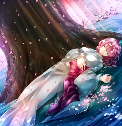  1girl blue_dress cherry_blossoms closed_eyes dress light_smile long_sleeves lying nagare on_back on_ground petals pink_hair saigyouji_yuyuko sash sleeping smile solo touhou tree wide_sleeves 