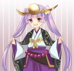  androgynous cloak headband hoshino long_hair looking_at_viewer lowres open_mouth purple_hair puzzle_&amp;_dragons skirt smile twintails very_long_hair violet_eyes yomi 