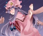  1girl blush capelet commentary_request crescent hammer_(sunset_beach) hat long_hair multiple_hands open_mouth patchouli_knowledge purple_hair robe solo_focus touhou very_long_hair violet_eyes 
