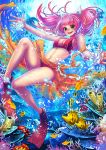  1girl bikini bubble character_request coga coral diving fish flippers freediving green_eyes happy holding_breath octopus open_mouth pink_hair sarong swimsuit underwater 