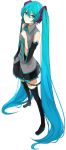  1girl absurdly_long_hair bare_shoulders black_legwear blue_eyes blue_hair detached_sleeves hair_ornament hatsune_miku headset long_hair looking_at_viewer miruto_netsuki necktie pleated_skirt shirt simple_background skirt solo standing thigh-highs twintails very_long_hair vocaloid white_background wide_sleeves zettai_ryouiki 